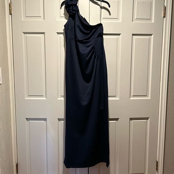 Navy one shoulder dress with flower accent. - Picture 1 of 9